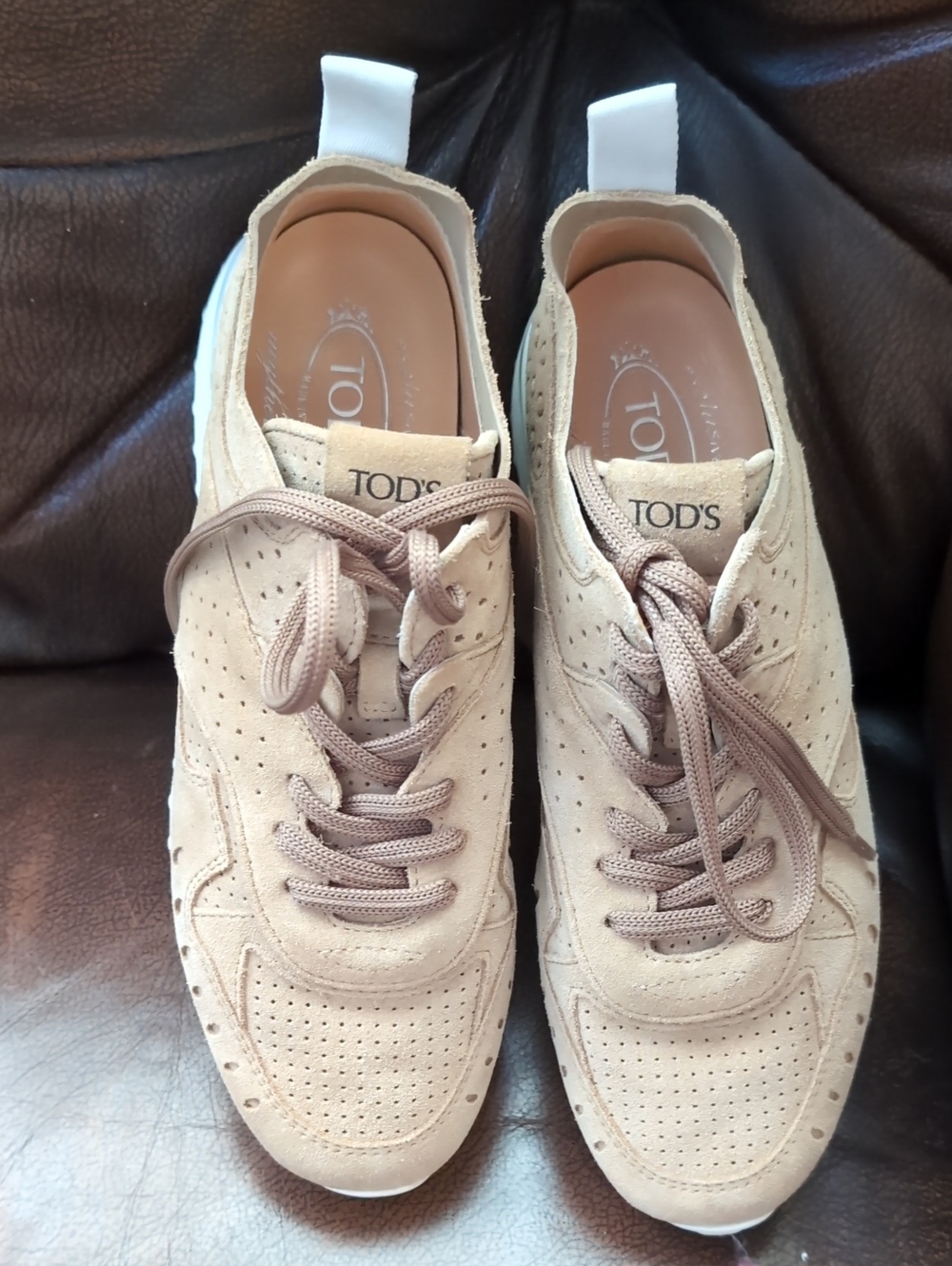 TOD'S Beige Suede Perforated Lace-Up Sneakers with Taupe Laces